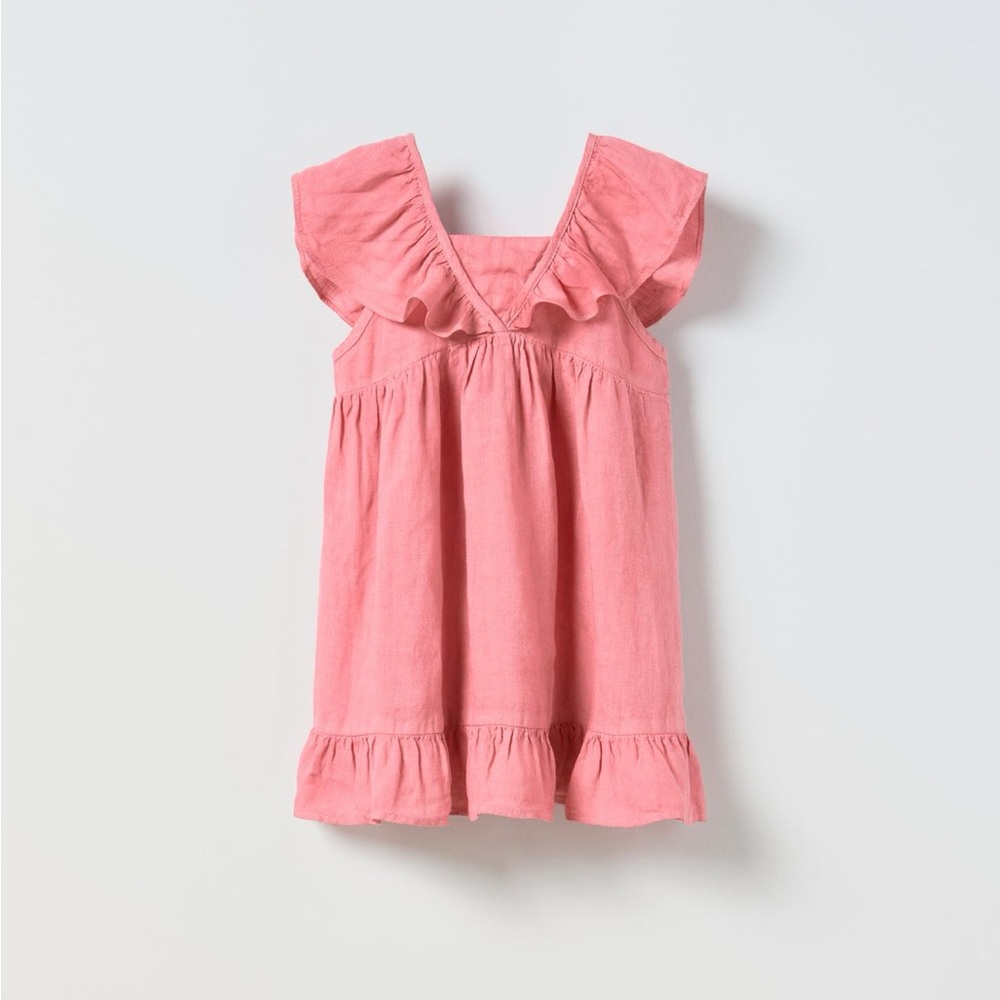 Zara Pink Ruffle-Trim Linen Dress